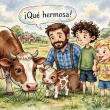 Un papá y dos niños mirando una vaca con su cría